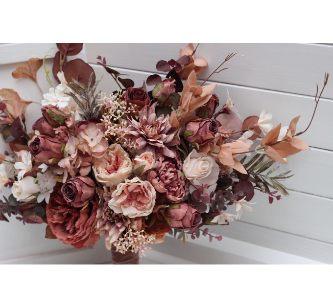 Wedding Bouquets in Beige, Terracotta, Blush Pink & Dusty Rose | Cascading Faux Bridal & Bridesmaid Bouquets