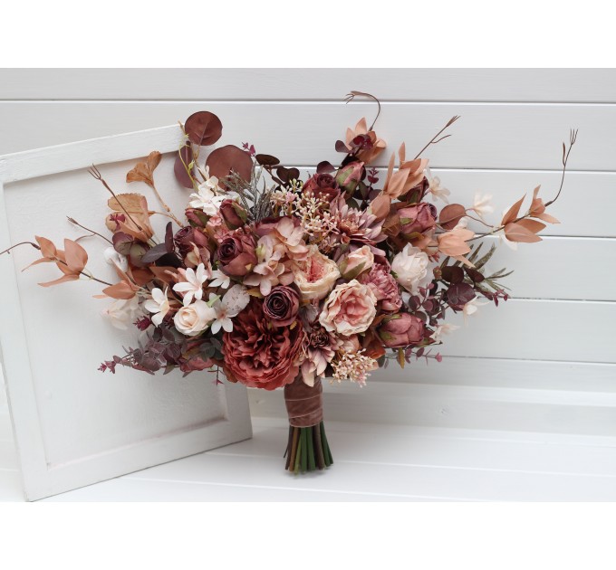 Wedding Bouquets in Beige, Terracotta, Blush Pink & Dusty Rose | Cascading Faux Bridal & Bridesmaid Bouquets
