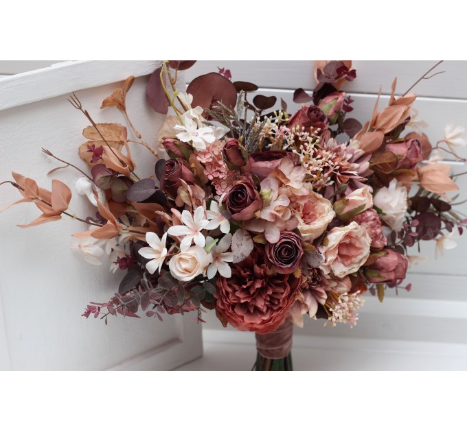 Wedding Bouquets in Beige, Terracotta, Blush Pink & Dusty Rose | Cascading Faux Bridal & Bridesmaid Bouquets