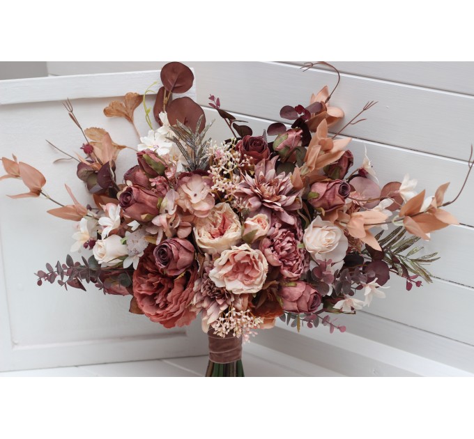 Wedding Bouquets in Beige, Terracotta, Blush Pink & Dusty Rose | Cascading Faux Bridal & Bridesmaid Bouquets