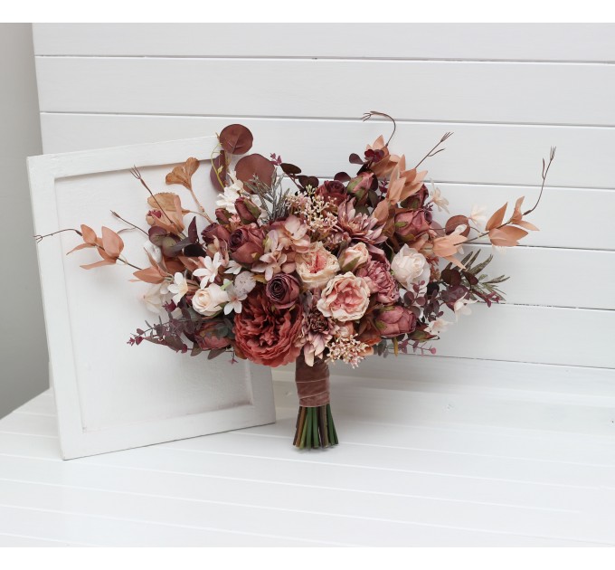 Wedding Bouquets in Beige, Terracotta, Blush Pink & Dusty Rose | Cascading Faux Bridal & Bridesmaid Bouquets