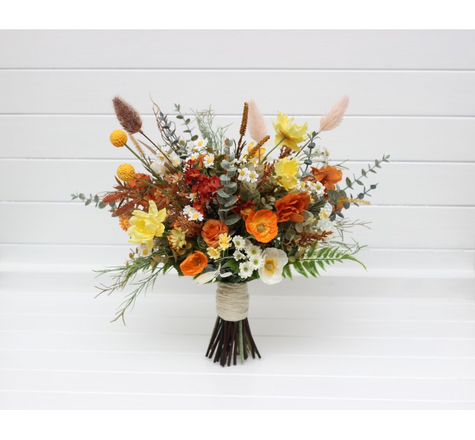 Wildflower Bridal Bouquet in Burnt Orange, Yellow & Ivory | Faux Chamomile & Poppy Wedding Flowers