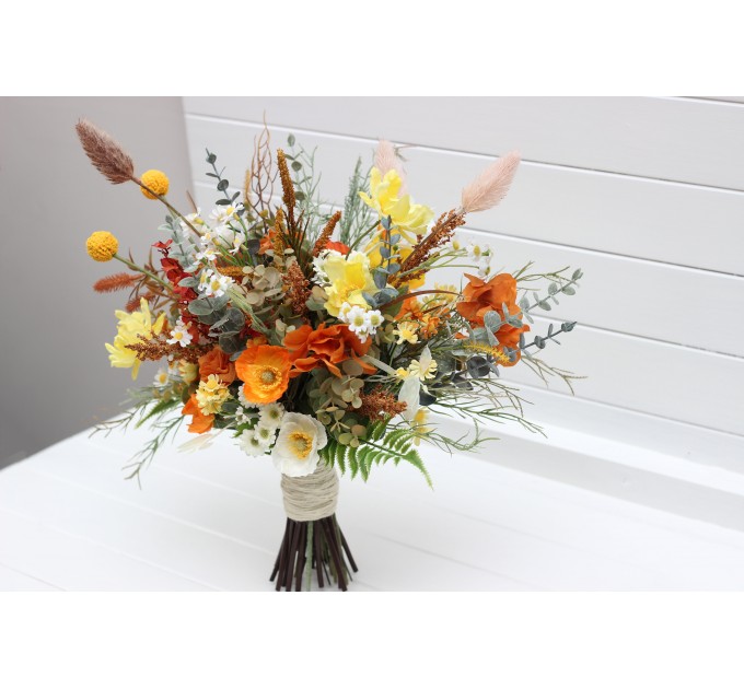 Wildflower Bridal Bouquet in Burnt Orange, Yellow & Ivory | Faux Chamomile & Poppy Wedding Flowers