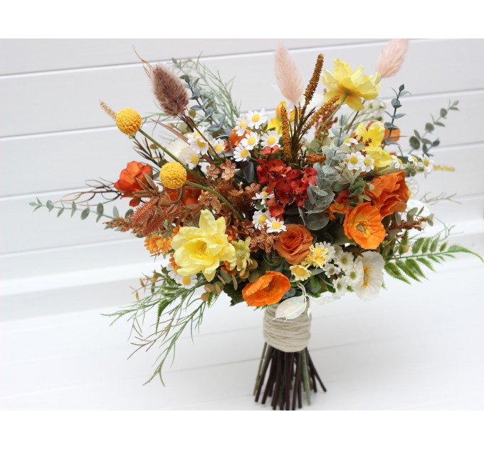 Wildflower Bridal Bouquet in Burnt Orange, Yellow & Ivory | Faux Chamomile & Poppy Wedding Flowers