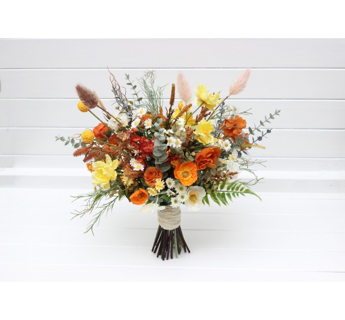 Wildflower Bridal Bouquet in Burnt Orange, Yellow & Ivory | Faux Chamomile & Poppy Wedding Flowers