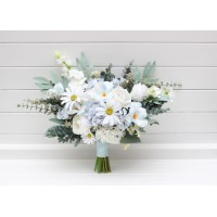 Wedding bouquets in white sky blue colors. Wildflowers bridal bouquet. Cascading bouquet. Faux bouquet. Summer bouquet. Bridesmaid bouquet. 5252
