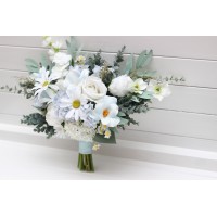 Wedding bouquets in white sky blue colors. Wildflowers bridal bouquet. Cascading bouquet. Faux bouquet. Summer bouquet. Bridesmaid bouquet. 5252