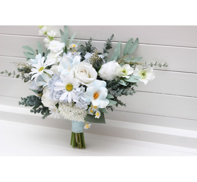 Wedding Bouquets in White & Sky Blue | Wildflower Cascading Faux Bridal & Bridesmaid Bouquets