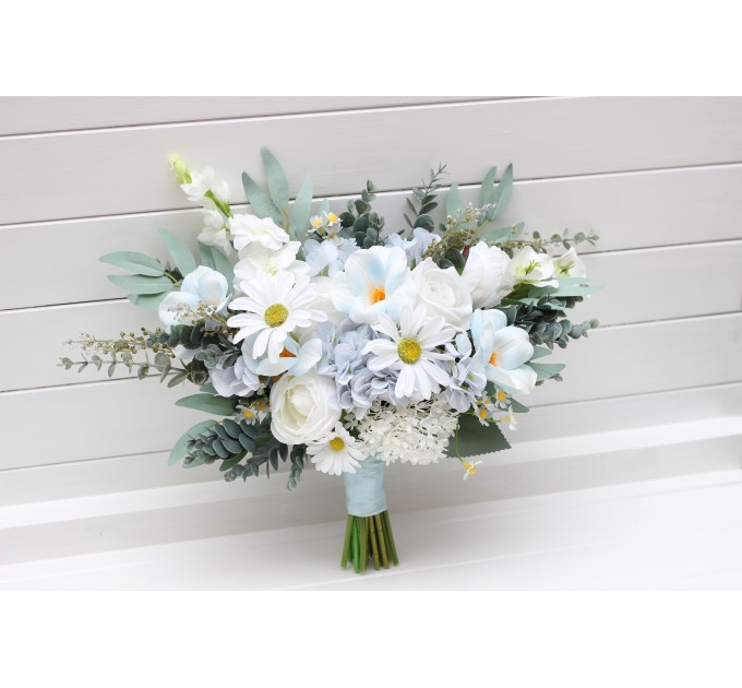 Wedding Bouquets in White & Sky Blue | Wildflower Cascading Faux Bridal & Bridesmaid Bouquets
