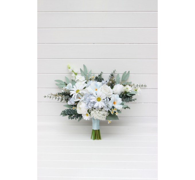 Wedding Bouquets in White & Sky Blue | Wildflower Cascading Faux Bridal & Bridesmaid Bouquets