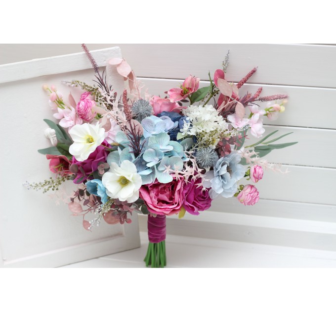 Wedding bouquets in white dusty blue and magenta colors. Wildflowers bridal bouquet. Cascading bouquet. Faux bouquet. Summer bouquet. Bridesmaid bouquet. 5253