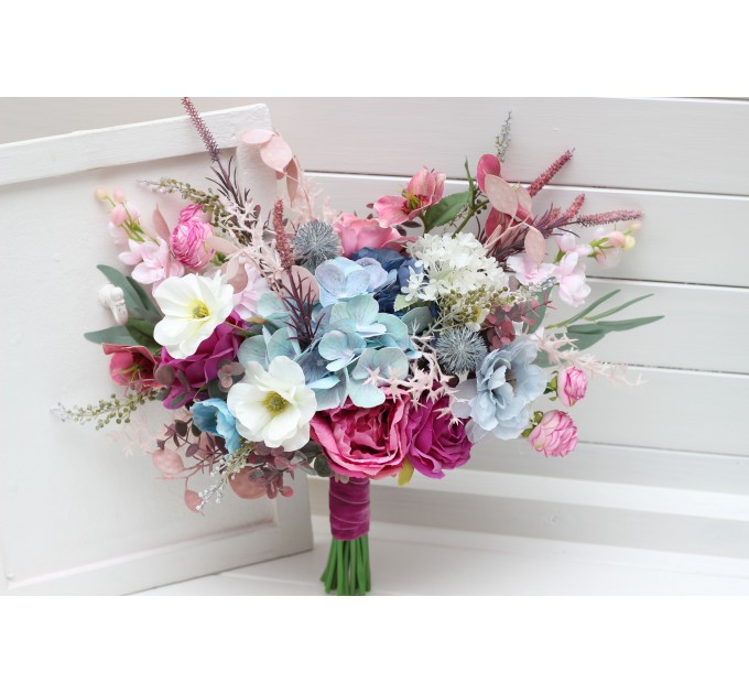 Wedding Bouquets in White, Dusty Blue & Magenta | Wildflower Cascading Faux Bridal & Bridesmaid Bouquets
