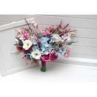 Wedding bouquets in white dusty blue and magenta colors. Wildflowers bridal bouquet. Cascading bouquet. Faux bouquet. Summer bouquet. Bridesmaid bouquet. 5253