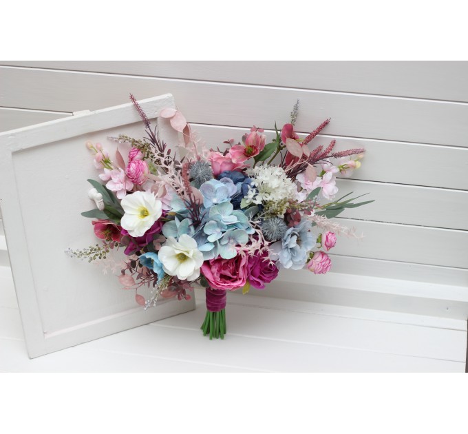 Wedding Bouquets in White, Dusty Blue & Magenta | Wildflower Cascading Faux Bridal & Bridesmaid Bouquets