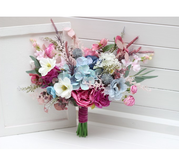 Wedding Bouquets in White, Dusty Blue & Magenta | Wildflower Cascading Faux Bridal & Bridesmaid Bouquets