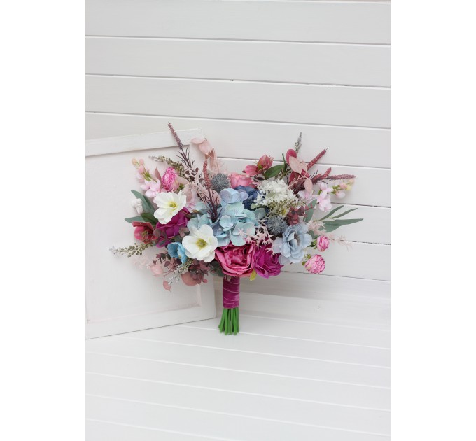 Wedding bouquets in white dusty blue and magenta colors. Wildflowers bridal bouquet. Cascading bouquet. Faux bouquet. Summer bouquet. Bridesmaid bouquet. 5253