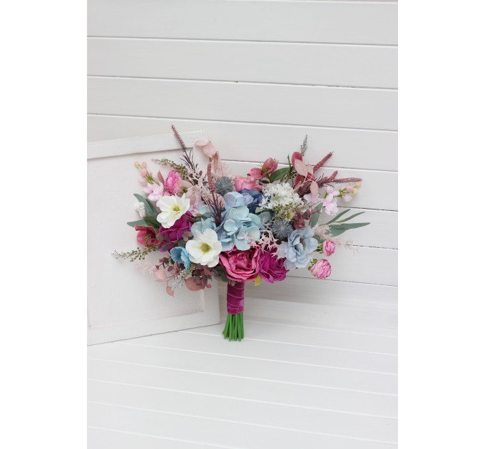 Wedding Bouquets in White, Dusty Blue & Magenta | Wildflower Cascading Faux Bridal & Bridesmaid Bouquets
