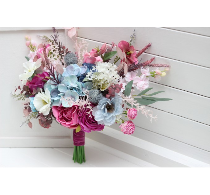 Wedding Bouquets in White, Dusty Blue & Magenta | Wildflower Cascading Faux Bridal & Bridesmaid Bouquets
