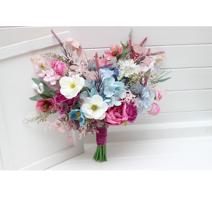 Wedding Bouquets in White, Dusty Blue & Magenta | Wildflower Cascading Faux Bridal & Bridesmaid Bouquets