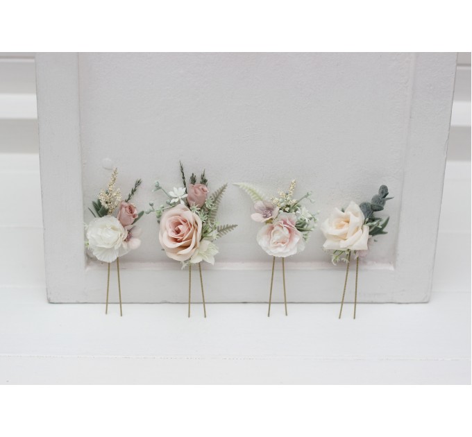 Set of 4 hair pins in beige white blush pink color scheme. Hair accessories. Flower accessories for wedding. 0028