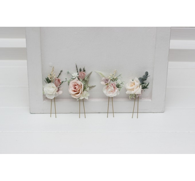 Set of 4 hair pins in beige white blush pink color scheme. Hair accessories. Flower accessories for wedding. 0028