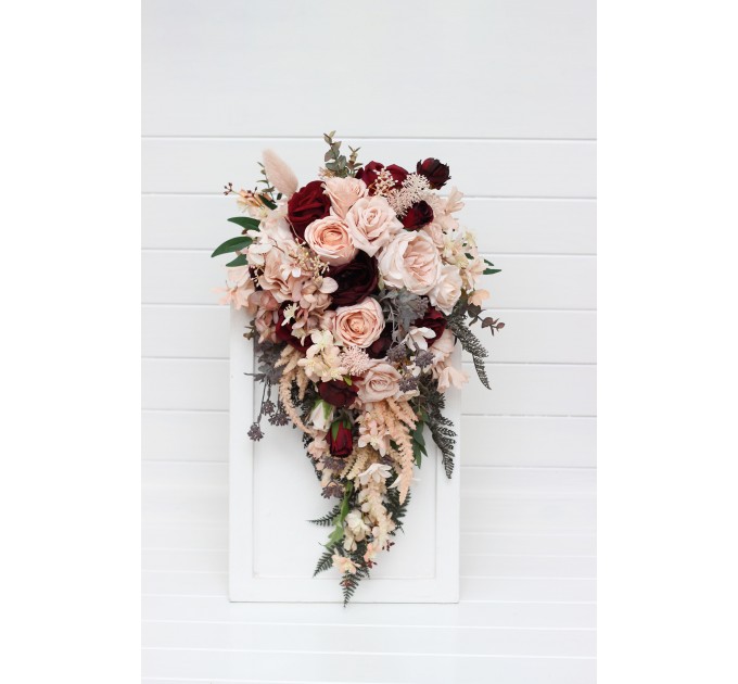 Wedding bouquets in burgundy blush pink colors. Bridal bouquet. Cascading bouquet. Faux bouquet. Bridesmaid bouquet. 5257