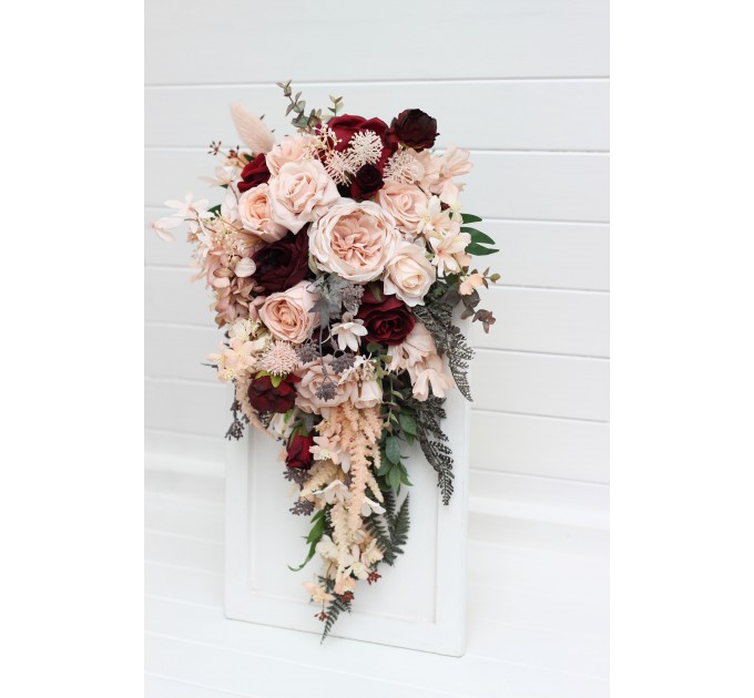Wedding bouquets in burgundy blush pink colors. Bridal bouquet. Cascading bouquet. Faux bouquet. Bridesmaid bouquet. 5257