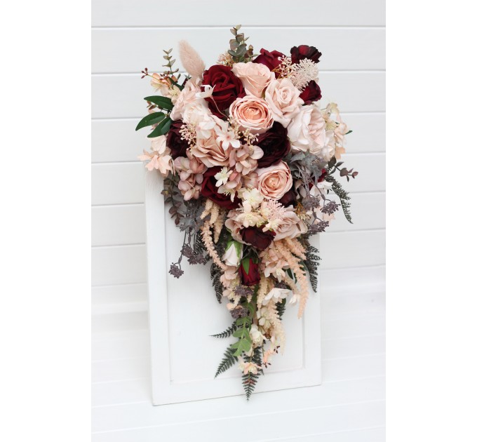 Wedding bouquets in burgundy blush pink colors. Bridal bouquet. Cascading bouquet. Faux bouquet. Bridesmaid bouquet. 5257