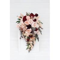 Wedding bouquets in burgundy blush pink colors. Bridal bouquet. Cascading bouquet. Faux bouquet. Bridesmaid bouquet. 5257