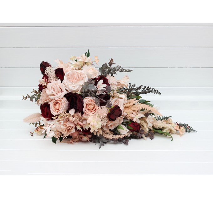 Wedding bouquets in burgundy blush pink colors. Bridal bouquet. Cascading bouquet. Faux bouquet. Bridesmaid bouquet. 5257