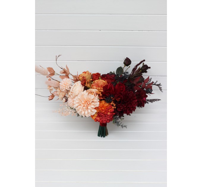Ombre wedding bouquets in burgundy red peach orange colors. Bridal bouquet. Cascading bouquet. Faux bouquet. Bridesmaid bouquet. 5258