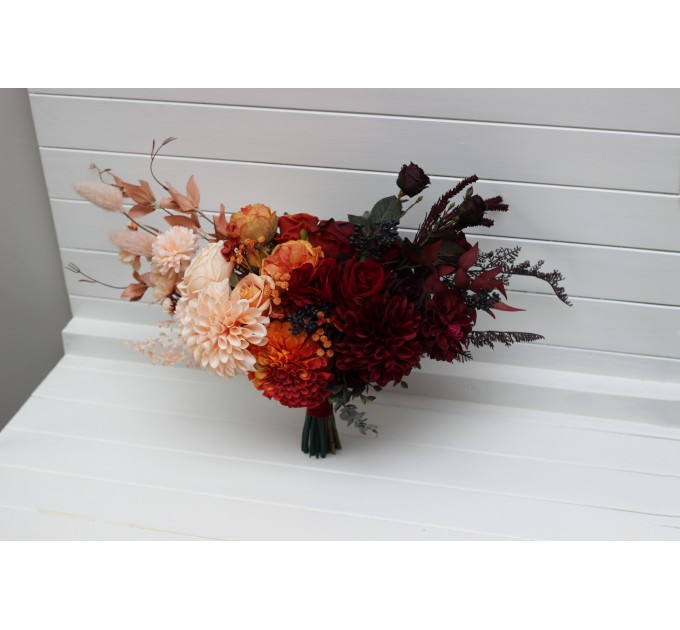 Ombre wedding bouquets in burgundy red peach orange colors. Bridal bouquet. Cascading bouquet. Faux bouquet. Bridesmaid bouquet. 5258