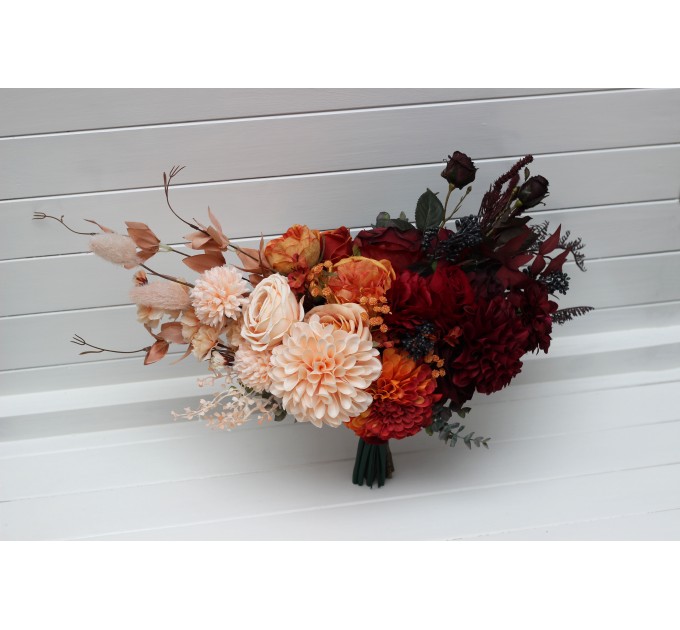 Ombre wedding bouquets in burgundy red peach orange colors. Bridal bouquet. Cascading bouquet. Faux bouquet. Bridesmaid bouquet. 5258