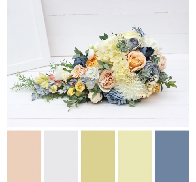Spring & Summer Wedding Bouquets in Peach, Yellow & Dusty Blue | Faux Cascading Bridal & Bridesmaid Bouquets