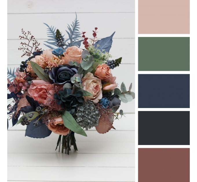 Wedding Bouquets in Navy Blue & Dusty Rose | Cascading Faux Bridal & Bridesmaid Bouquets