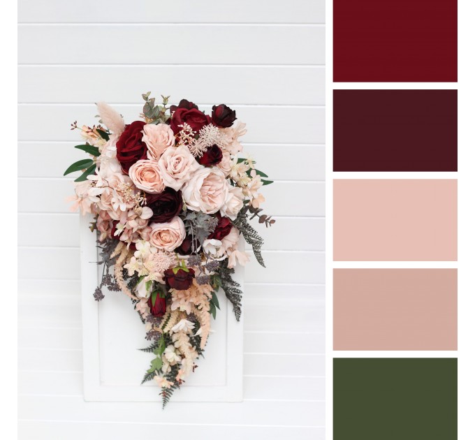 Wedding bouquets in burgundy blush pink colors. Bridal bouquet. Cascading bouquet. Faux bouquet. Bridesmaid bouquet. 5257