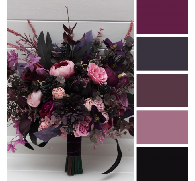 Wedding Bouquets in Deep Purple, Fuchsia & Candy Pink | Cascading Faux Bridal & Bridesmaid Bouquets