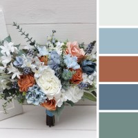 Spring summer wedding. White terracotta dusty blue flowers. Faux bouquet. Bridal bouquet. Silk flowers. Boho wedding. Cascading bouquet. Bridesmaid bouquet. 5227