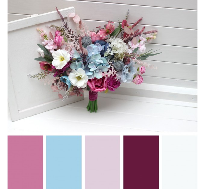 Wedding Bouquets in White, Dusty Blue & Magenta | Wildflower Cascading Faux Bridal & Bridesmaid Bouquets