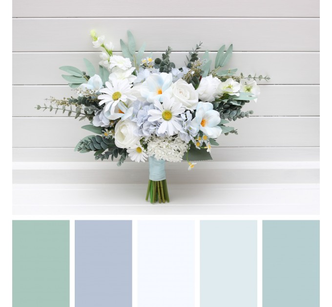 Wedding Bouquets in White & Sky Blue | Wildflower Cascading Faux Bridal & Bridesmaid Bouquets