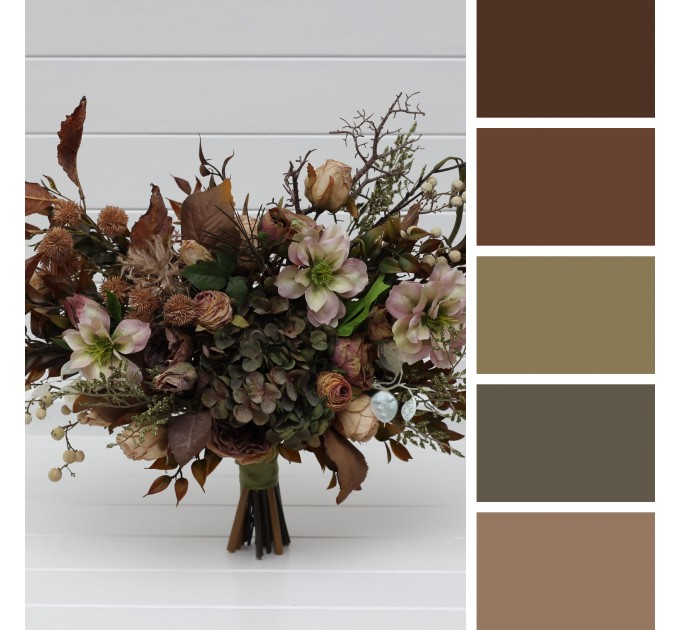 Wedding Bouquets in Dark Olive, Brown & Ivory | Faux Bridal & Bridesmaid Cascading Bouquets