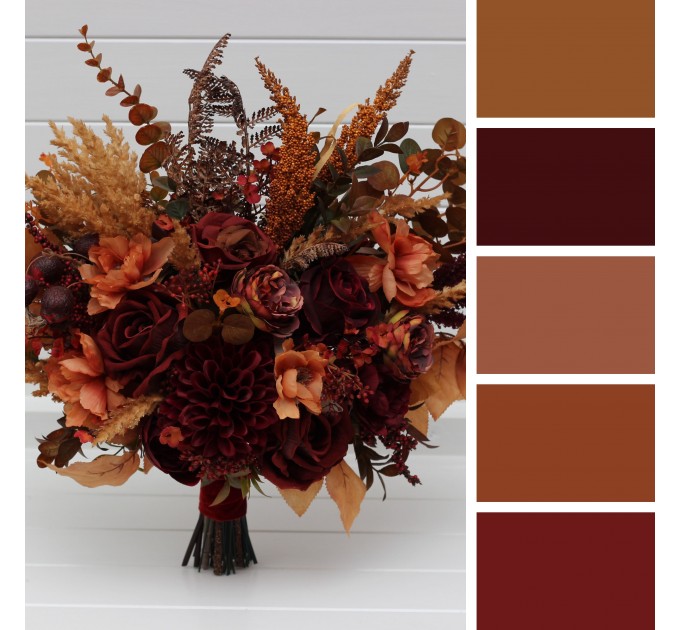 Wedding Bouquets in Burgundy, Deep Red & Burnt Orange – Faux Bridal Flowers