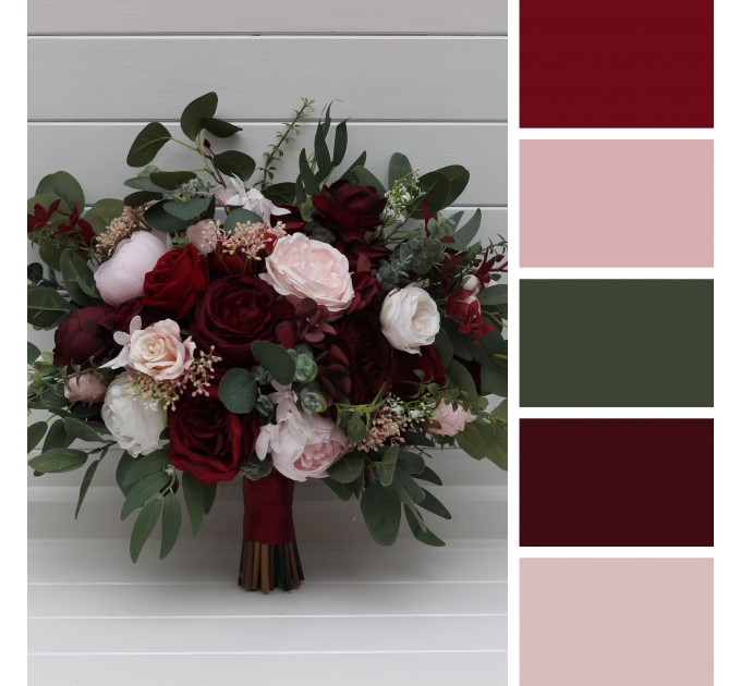 Wedding Bouquets in Burgundy & Blush Pink | Cascading Faux Bridal & Bridesmaid Bouquets