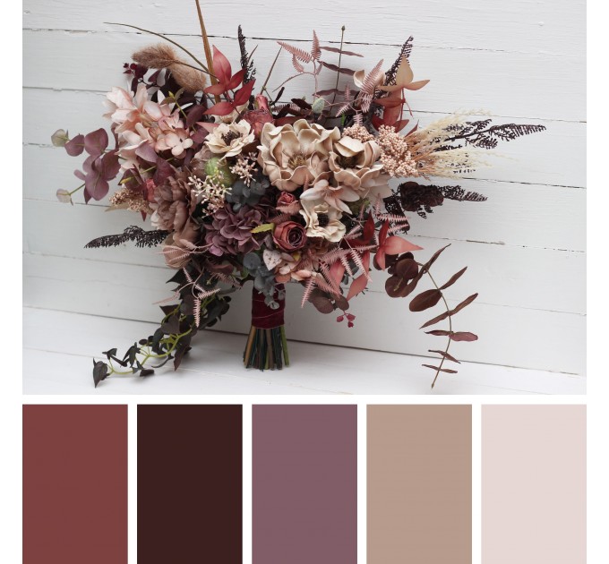 Wedding Bouquets in Beige, Brown, Mocha Mousse & Burgundy | Cascading Faux Bridal & Bridesmaid Bouquets