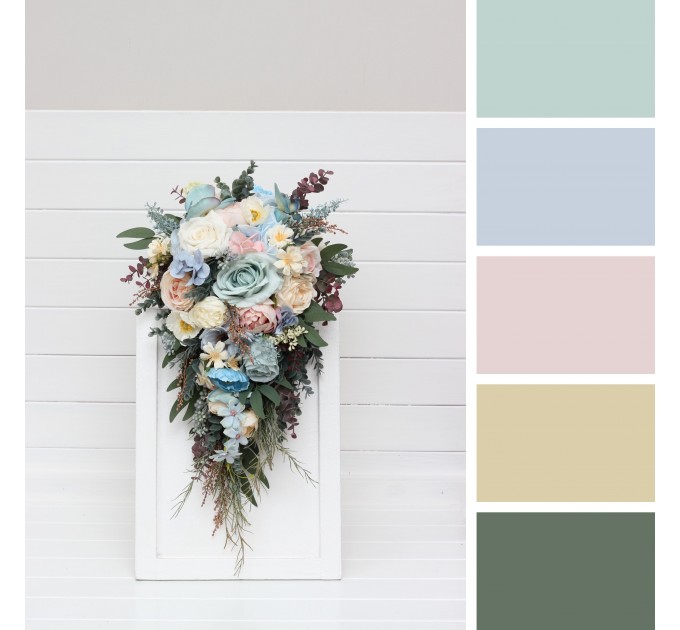 Summer Wedding Wildflower Cascading Bouquet | Dusty Blue, Blush Pink & Yellow Faux Bridal & Bridesmaid Bouquets