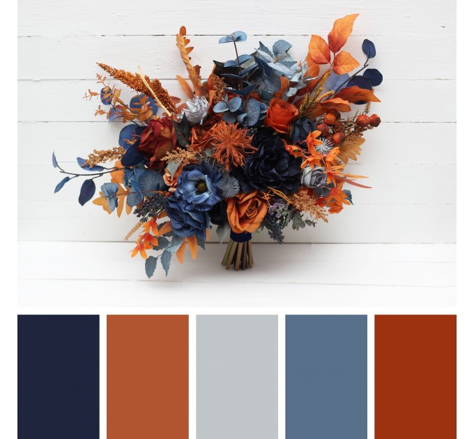 Wedding bouquets in navy blue rust colors. Bridal bouquet. Cascading bouquet. Faux bouquet. Bridesmaid bouquet. 5219