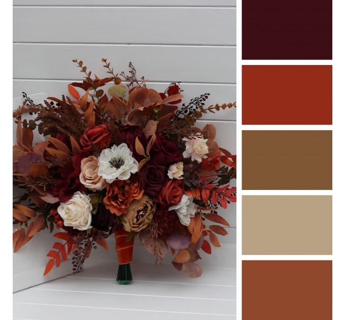 Wedding Bouquets in Rust, Burgundy & White | Faux Bridal & Bridesmaid Bouquets