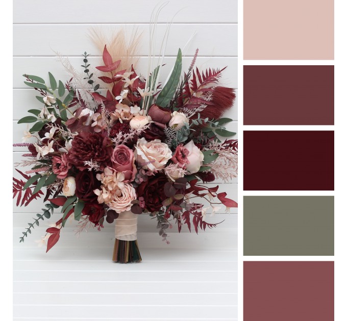 Wedding Bouquets in Burgundy, Dusty Rose & Blush Pink | Faux Bridal & Bridesmaid Cascading Bouquets