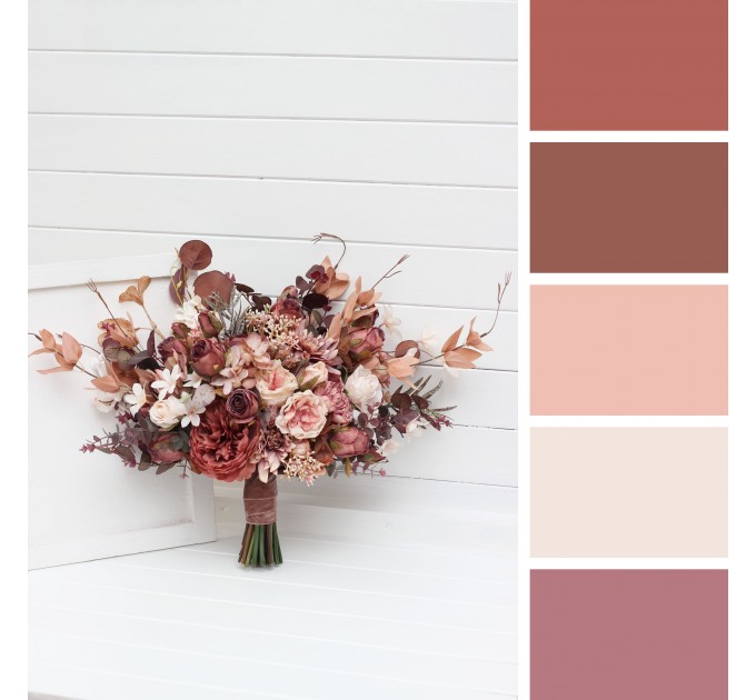 Wedding Bouquets in Beige, Terracotta, Blush Pink & Dusty Rose | Cascading Faux Bridal & Bridesmaid Bouquets