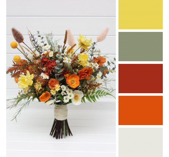 Wildflower Bridal Bouquet in Burnt Orange, Yellow & Ivory | Faux Chamomile & Poppy Wedding Flowers